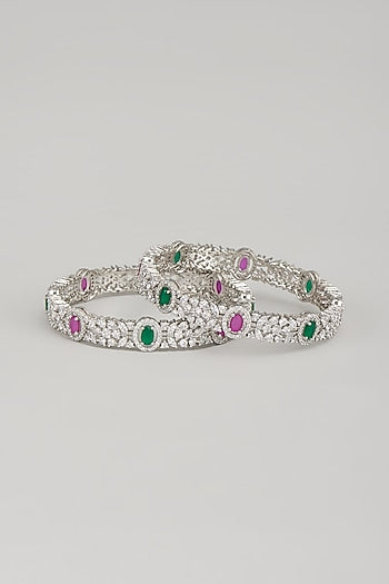 White Finish Zircon & Multi-Colored Stone Bangles (Set Of 2)