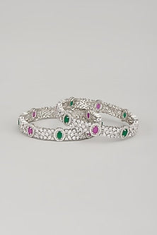 White Finish Zircon & Multi-Colored Stone Bangles (Set Of 2)