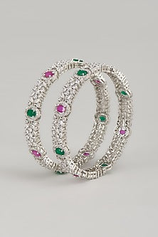 White Finish Zircon & Multi-Colored Stone Bangles (Set Of 2)