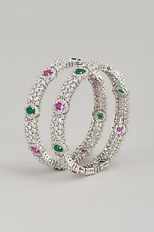 White Finish Zircon & Multi-Colored Stone Bangles (Set Of 2)