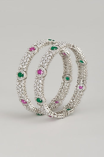 White Finish Zircon & Multi-Colored Stone Bangles (Set Of 2)