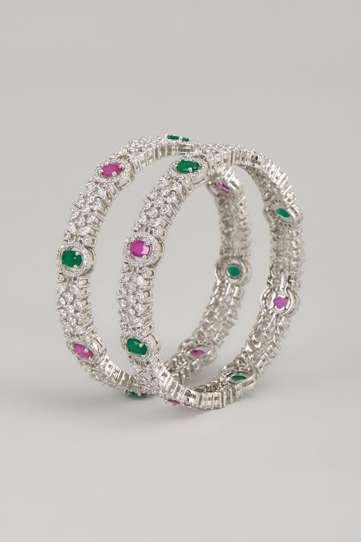 White Finish Zircon & Multi-Colored Stone Bangles (Set Of 2)