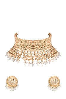 Gold Finish Faux Pearls Embossed Choker Necklace Set