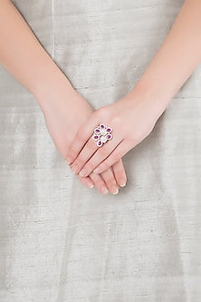 White Finish Faux Diamonds & Red Stones Ring