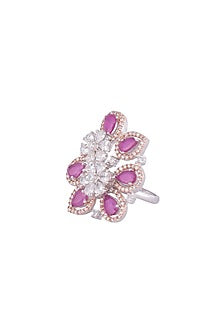 White Finish Faux Diamonds & Red Stones Ring