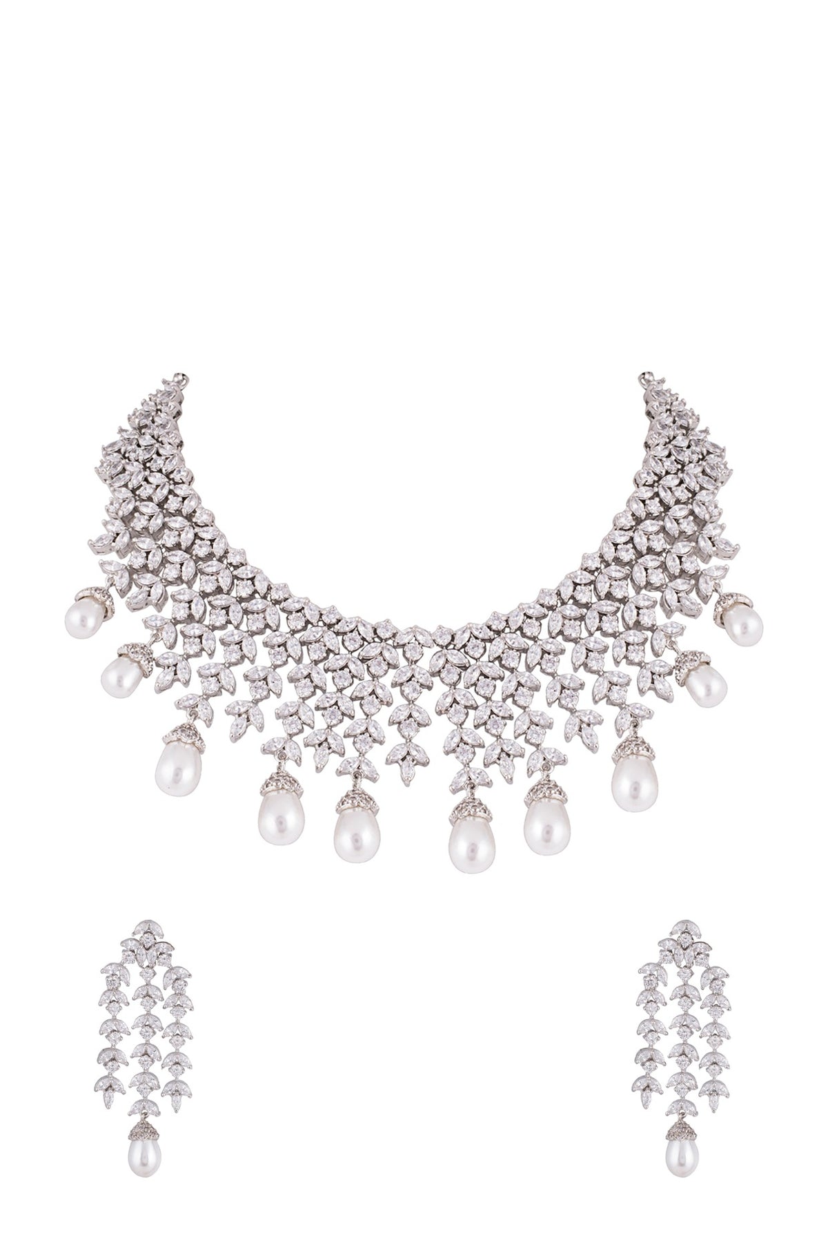 White Finish Faux Diamonds & Pearls Necklace Set