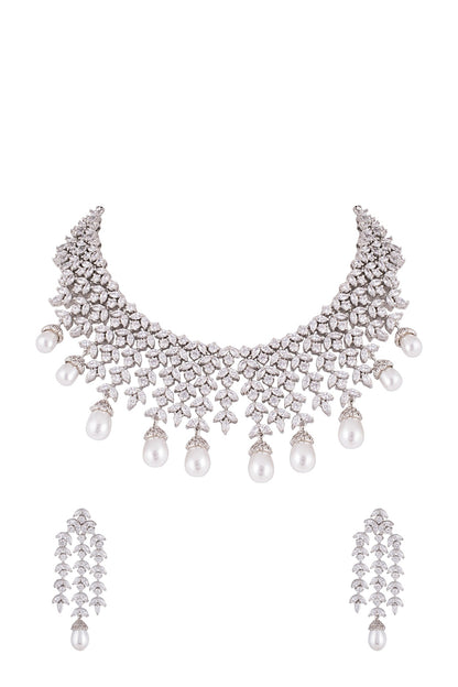 White Finish Faux Diamonds & Pearls Necklace Set