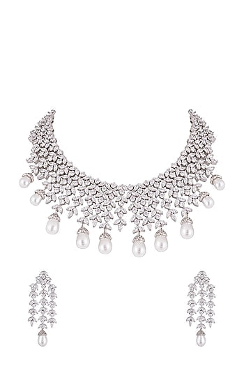 White Finish Faux Diamonds & Pearls Necklace Set