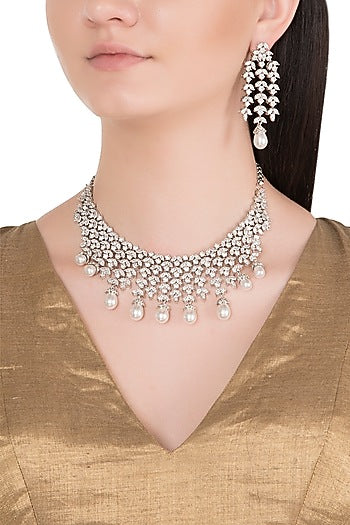 White Finish Faux Diamonds & Pearls Necklace Set