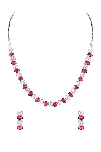 White Finish Red & White Diamond Necklace Set
