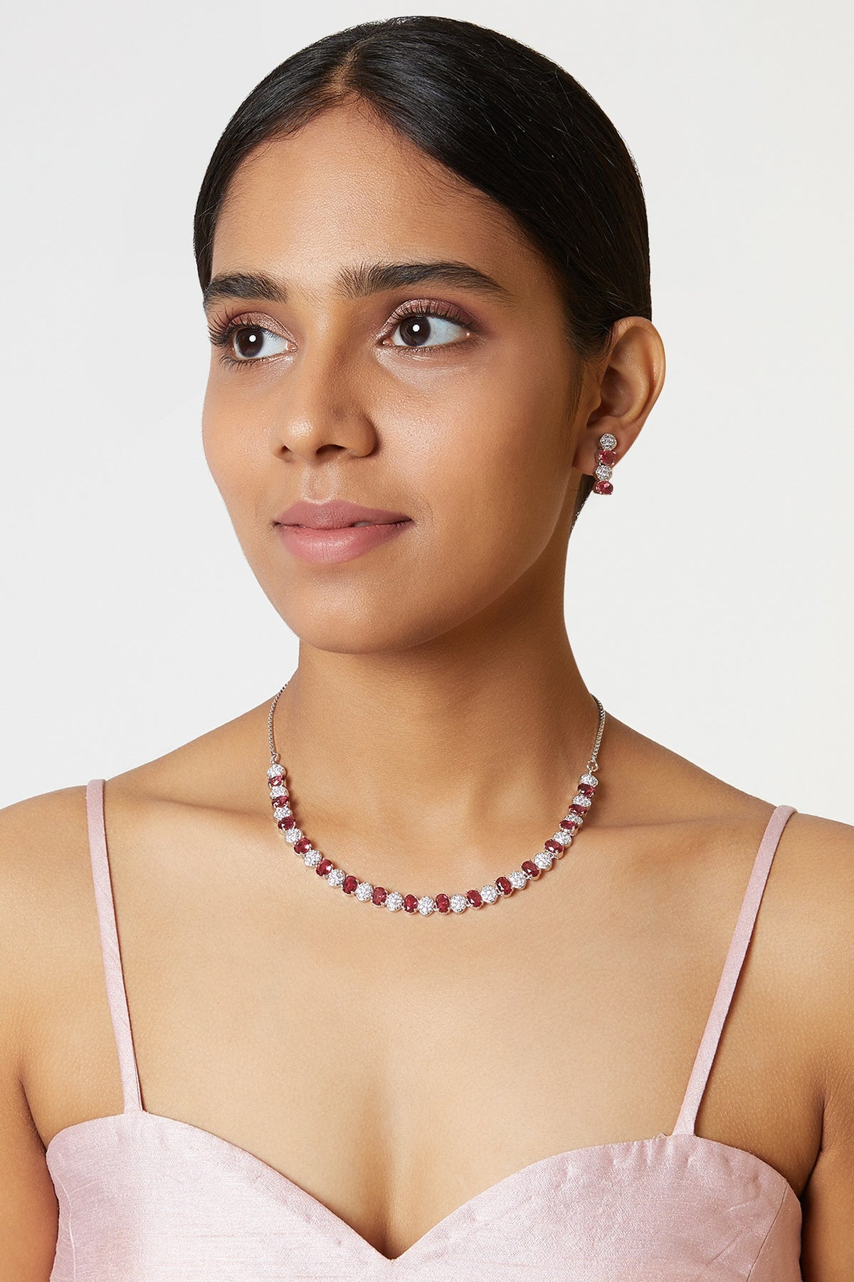 White Finish Red & White Diamond Necklace Set