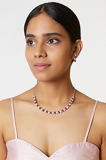 White Finish Red & White Diamond Necklace Set