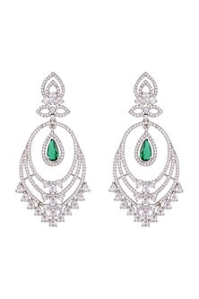 White Finish Green Stone Chandbali Earrings