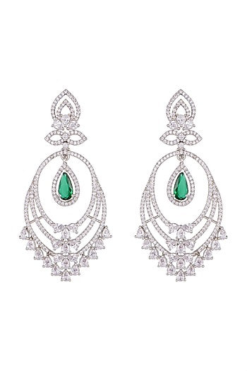 White Finish Green Stone Chandbali Earrings