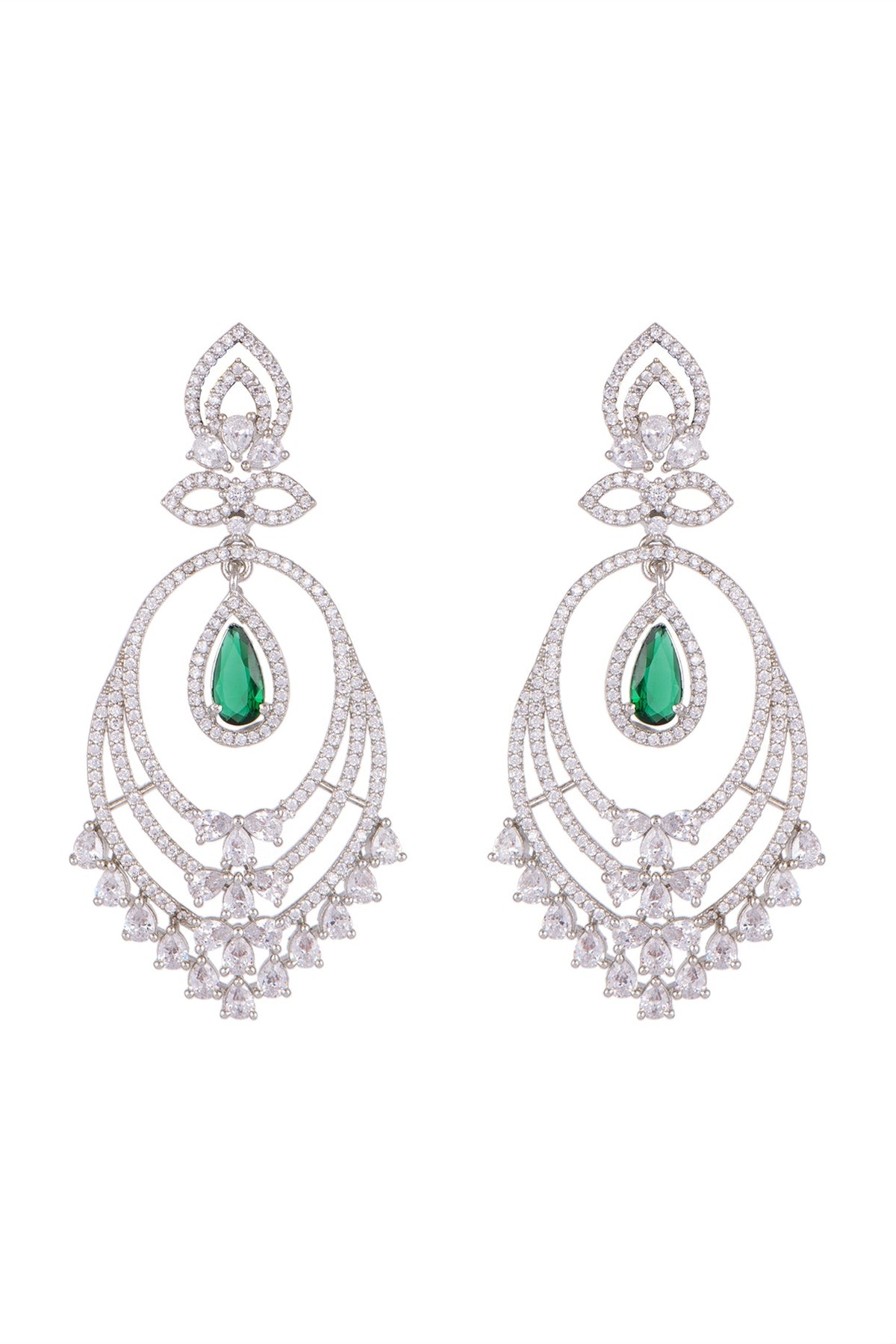 White Finish Green Stone Chandbali Earrings