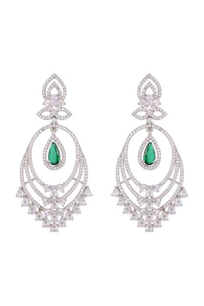 White Finish Green Stone Chandbali Earrings