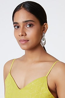 White Finish Green Stone Chandbali Earrings