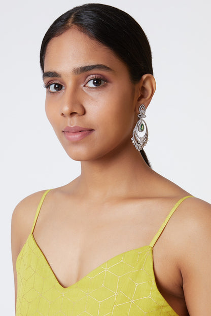 White Finish Green Stone Chandbali Earrings