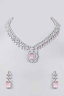 White Finish Zircon & Pink Stone Necklace Set