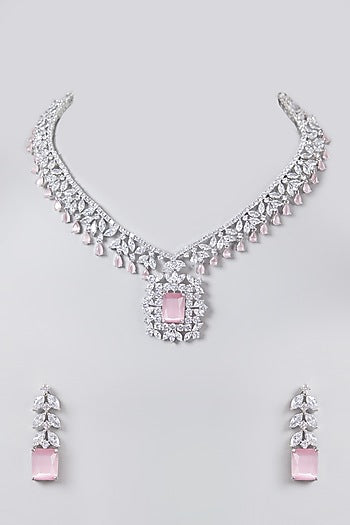 White Finish Zircon & Pink Stone Necklace Set