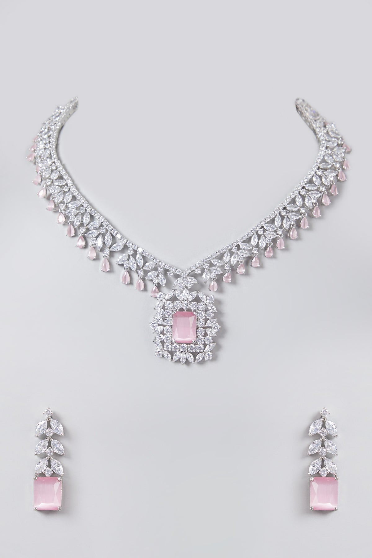 White Finish Zircon & Pink Stone Necklace Set