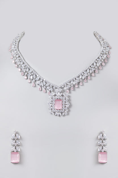 White Finish Zircon & Pink Stone Necklace Set