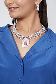 White Finish Zircon & Pink Stone Necklace Set