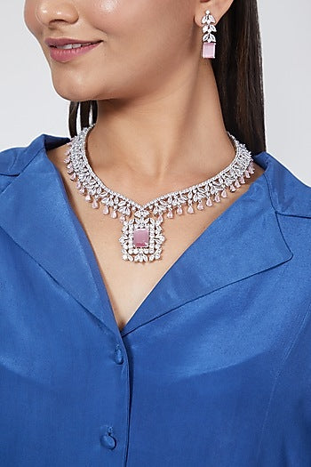White Finish Zircon & Pink Stone Necklace Set