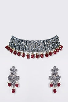 Black Rhodium Finish Zircon & Red Beaded Choker Necklace Set