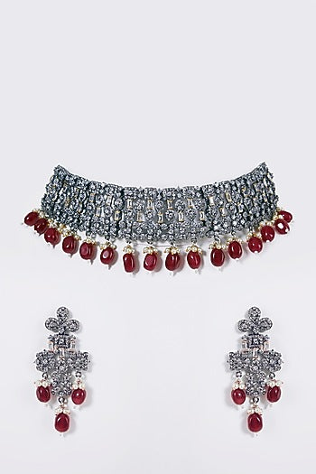 Black Rhodium Finish Zircon & Red Beaded Choker Necklace Set