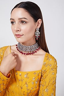 Black Rhodium Finish Zircon & Red Beaded Choker Necklace Set