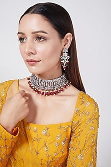 Black Rhodium Finish Zircon & Red Beaded Choker Necklace Set