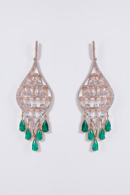 Rose Gold Finish Green Stone & Diamond Earrings