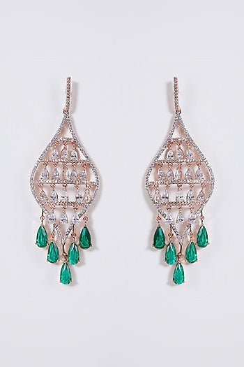 Rose Gold Finish Green Stone & Diamond Earrings