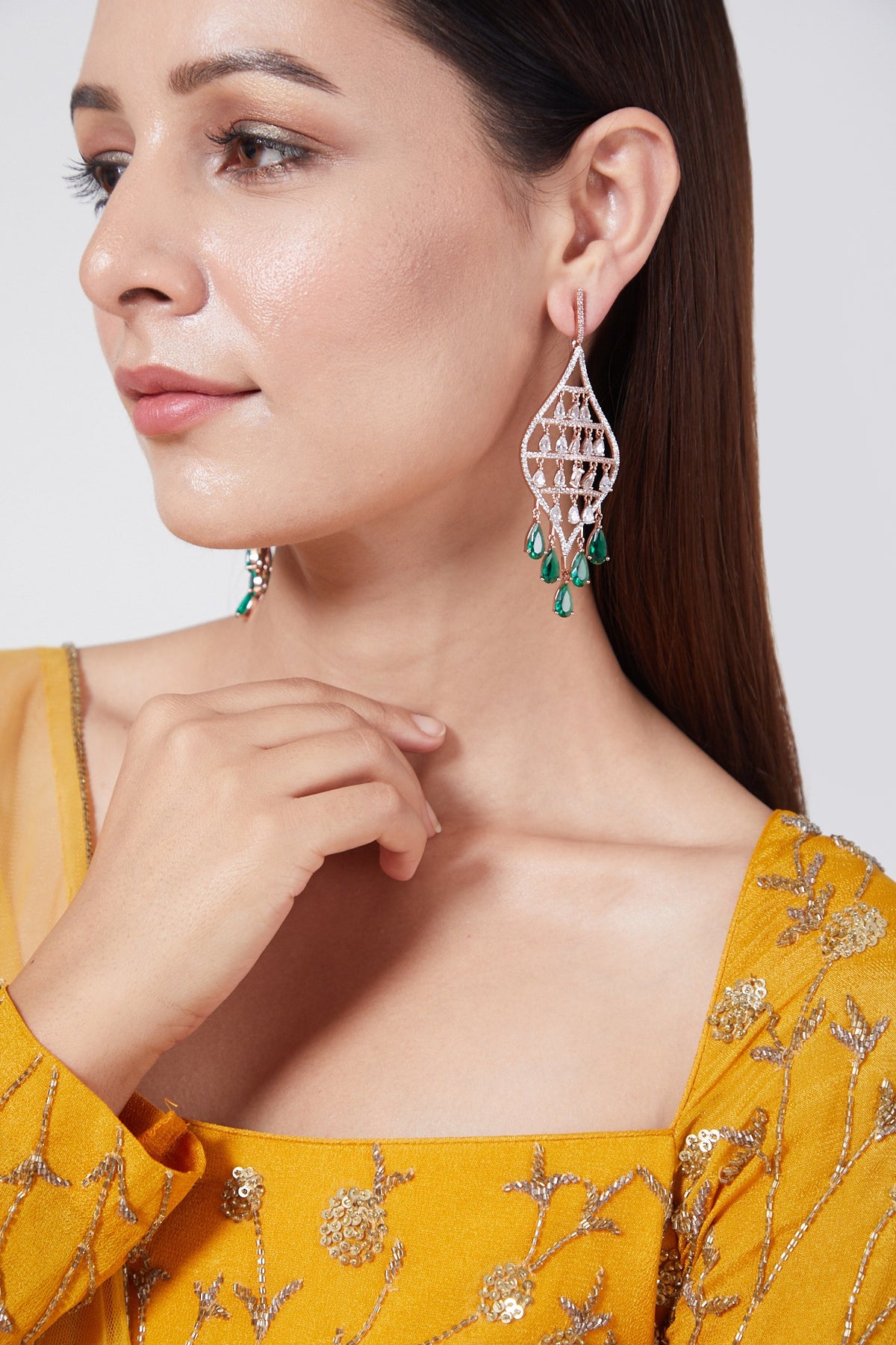 Rose Gold Finish Green Stone & Diamond Earrings
