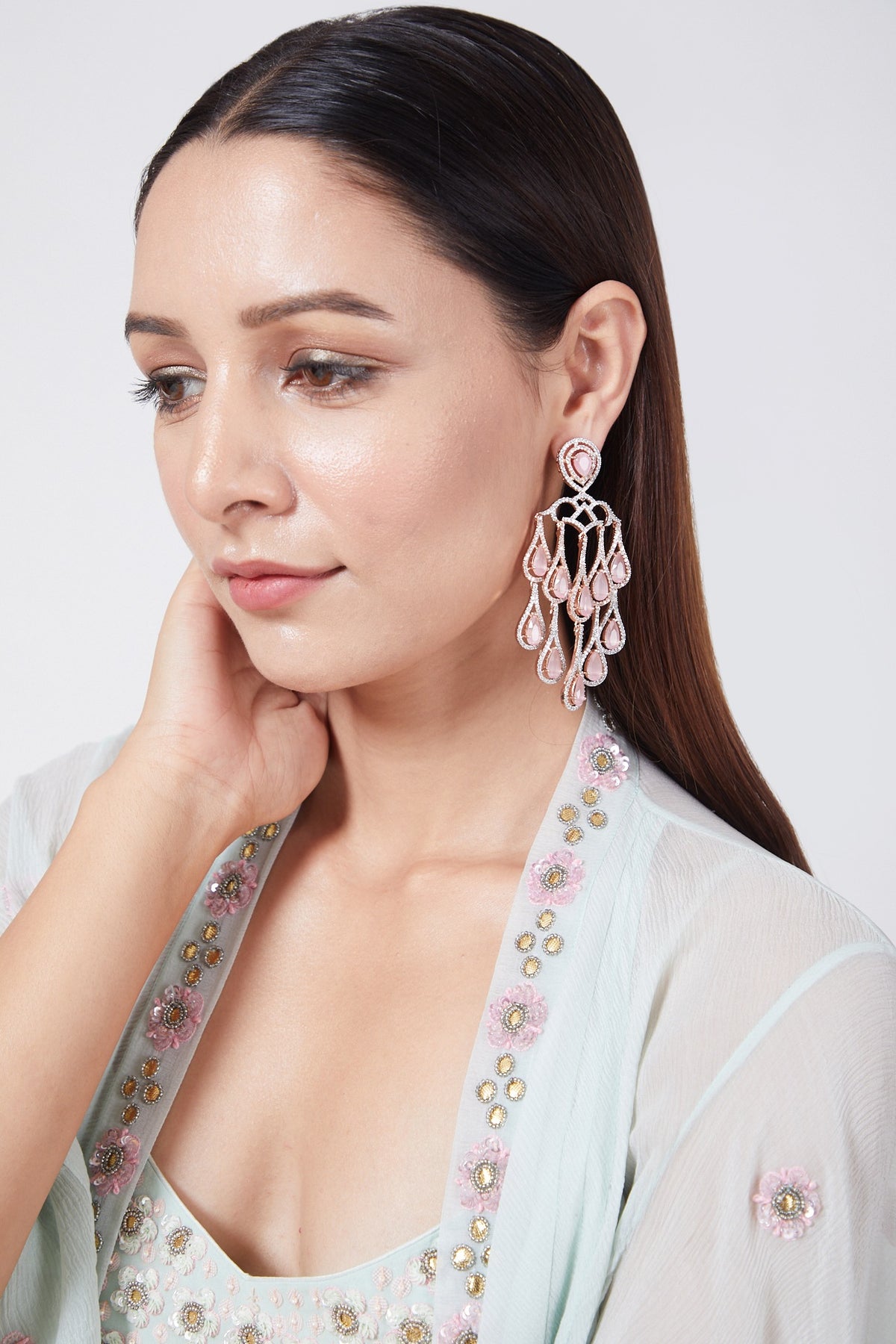 Rose Gold Finish Crystal Pink Stone Dangler Earrings