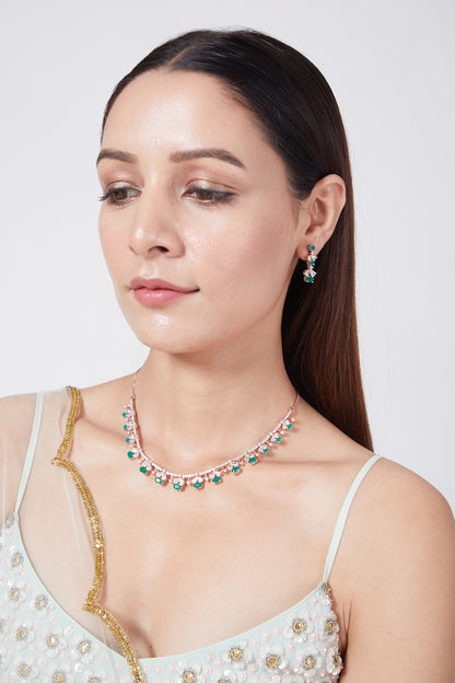 Rose Gold Finish Green Stone & Faux Diamond Necklace Set