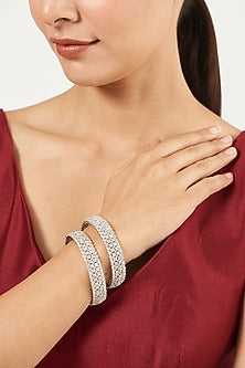 White Finish Zircon Bangles (Set Of 2)