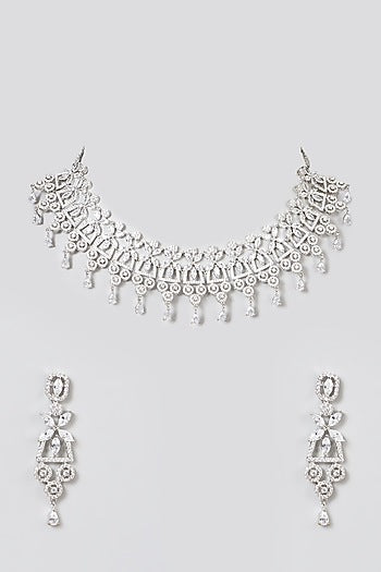 White Finish Necklace Set With Faux Diamonds