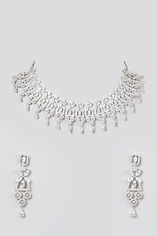 White Finish Necklace Set With Faux Diamonds