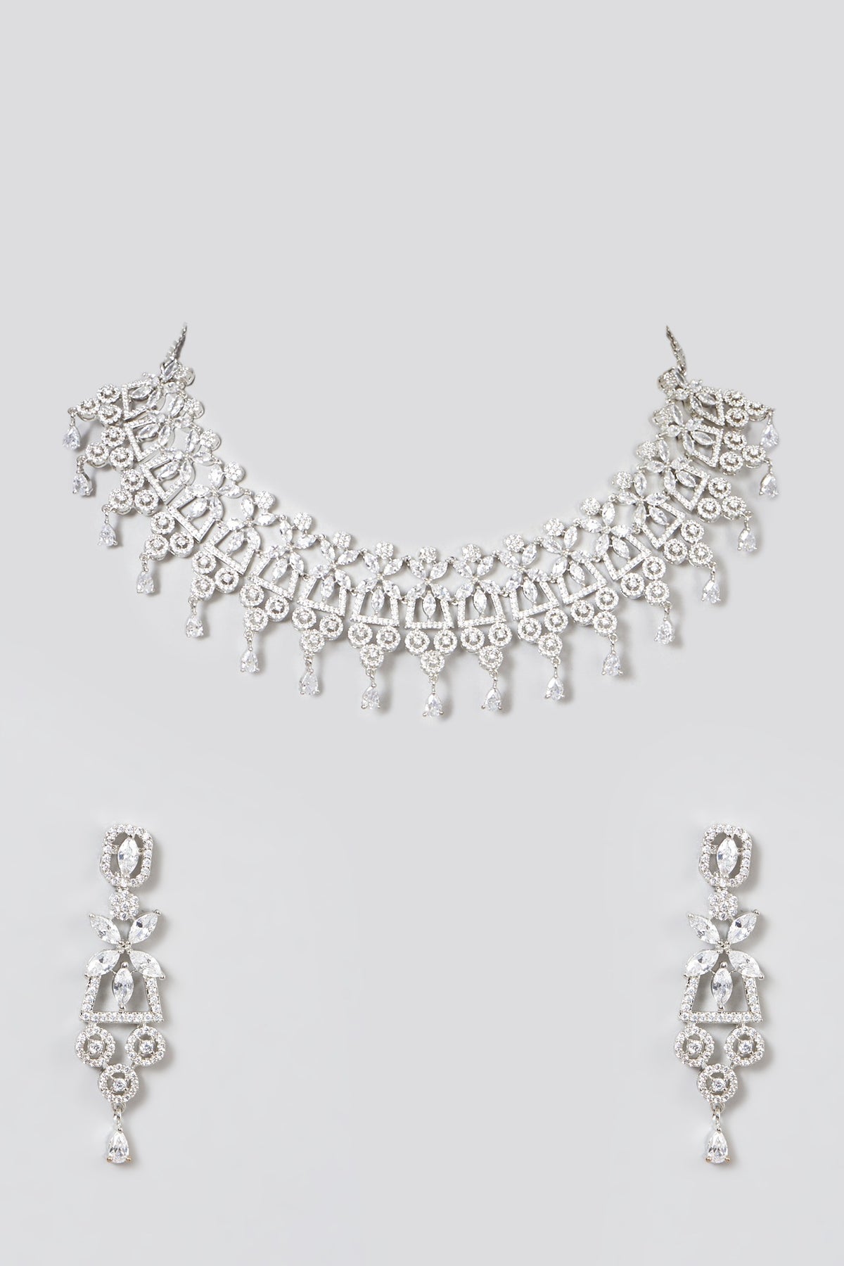 White Finish Necklace Set With Faux Diamonds