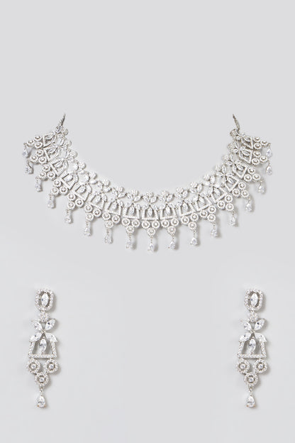 White Finish Necklace Set With Faux Diamonds