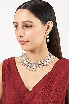 White Finish Necklace Set With Faux Diamonds