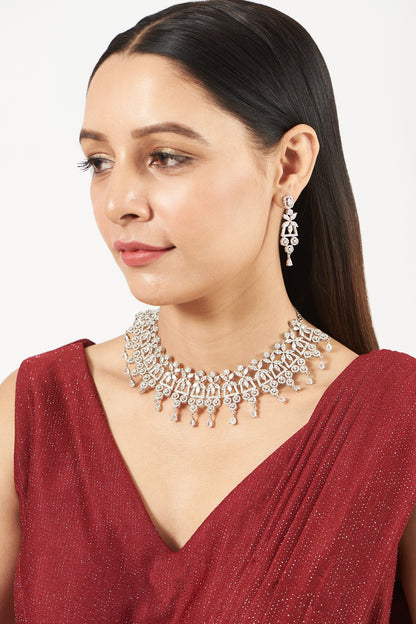 White Finish Necklace Set With Faux Diamonds