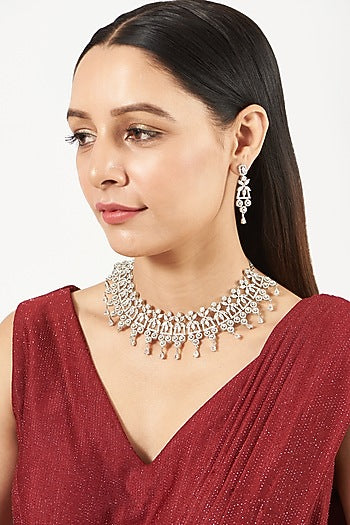White Finish Necklace Set With Faux Diamonds