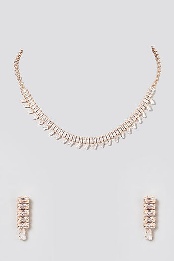 Rose Gold Finish Choker Necklace Set With Faux Diamonds