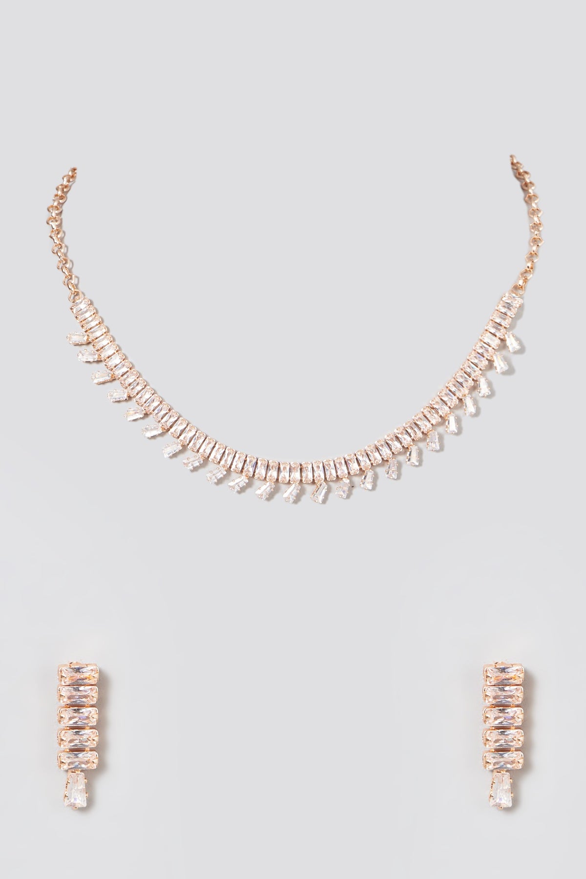 Rose Gold Finish Choker Necklace Set With Faux Diamonds