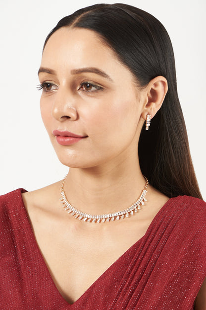 Rose Gold Finish Choker Necklace Set With Faux Diamonds