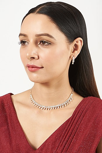 Rose Gold Finish Choker Necklace Set With Faux Diamonds