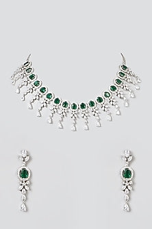 White Finish Necklace Set With Green Zircons